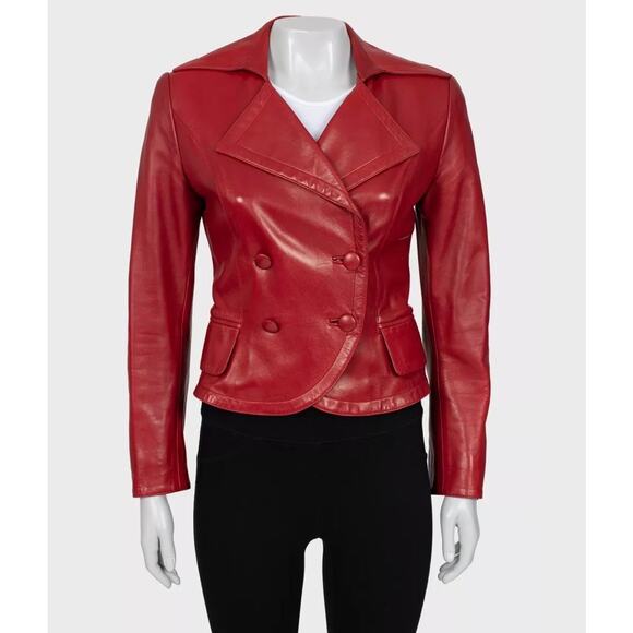Stunning Hermès Red Double-Breasted Leather Jacket - Size S